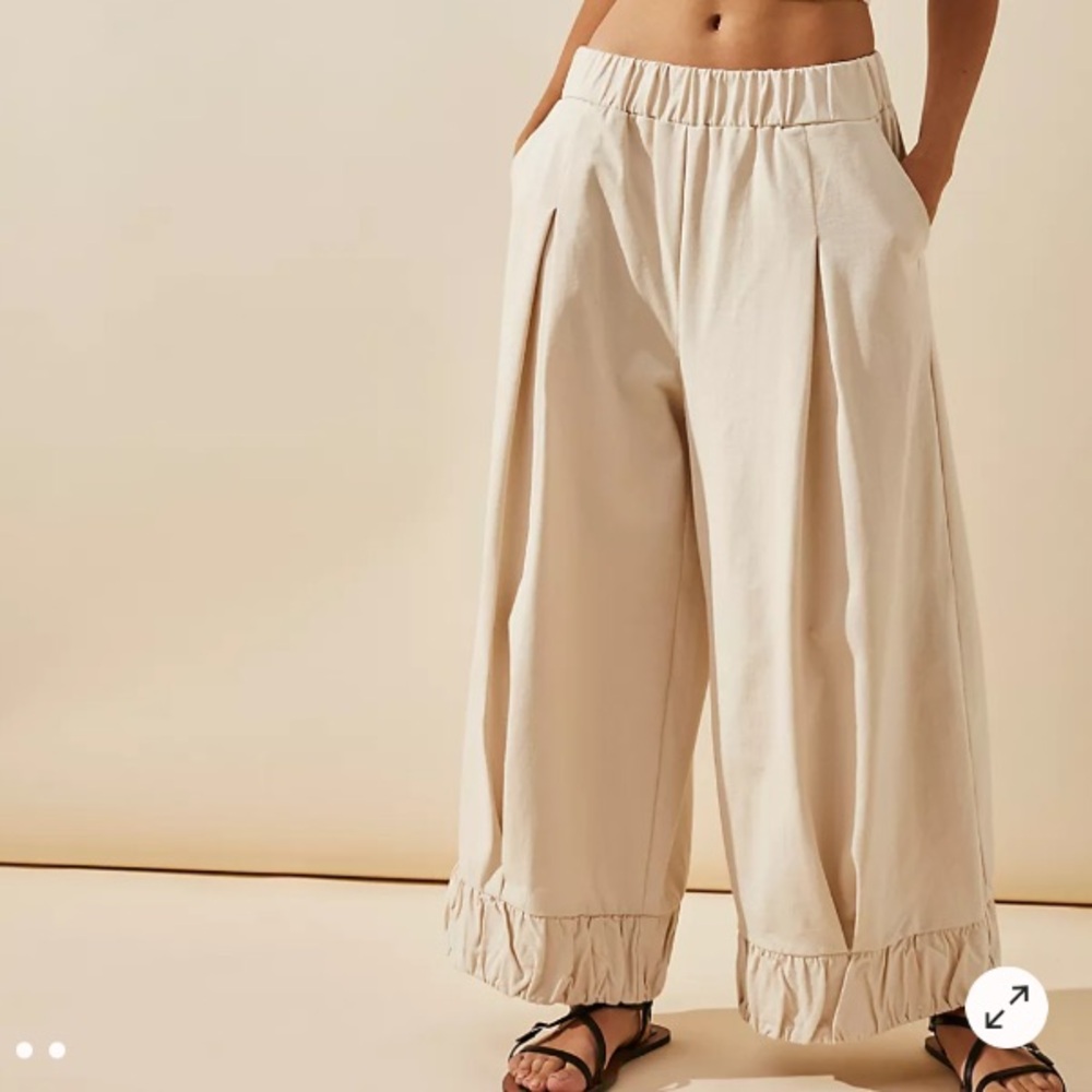 Free People Cream Wide Leg Ruffle Hem Pants